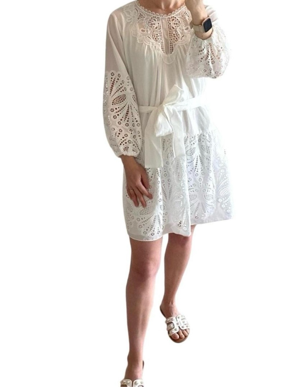 Shoshanna White Eyelet Lace Belted Mini Dress